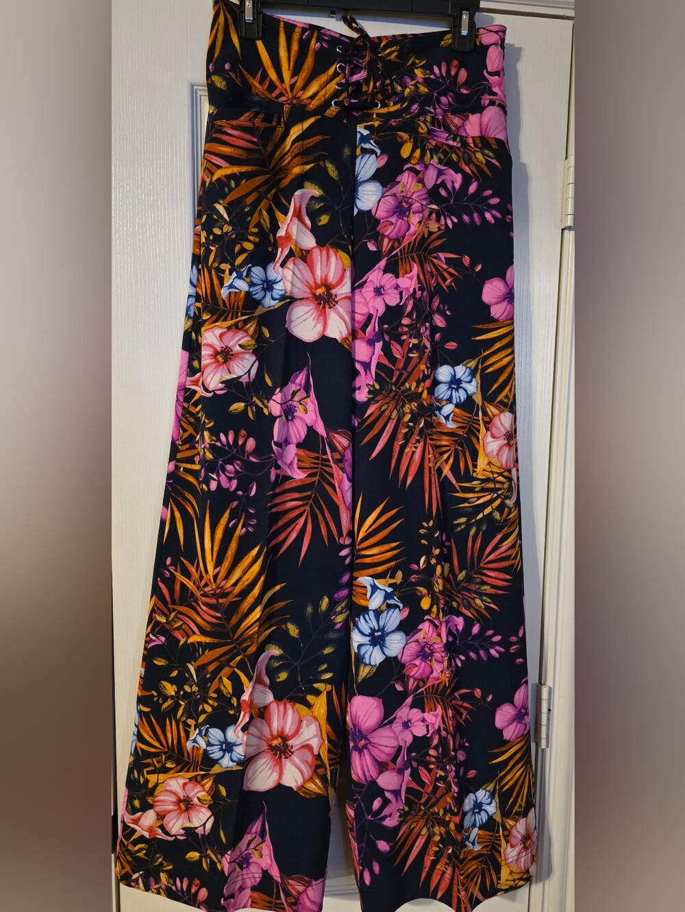 New York & Company Black Wide-Leg Jumpsuit Pants with Pink & Orange Floral Print